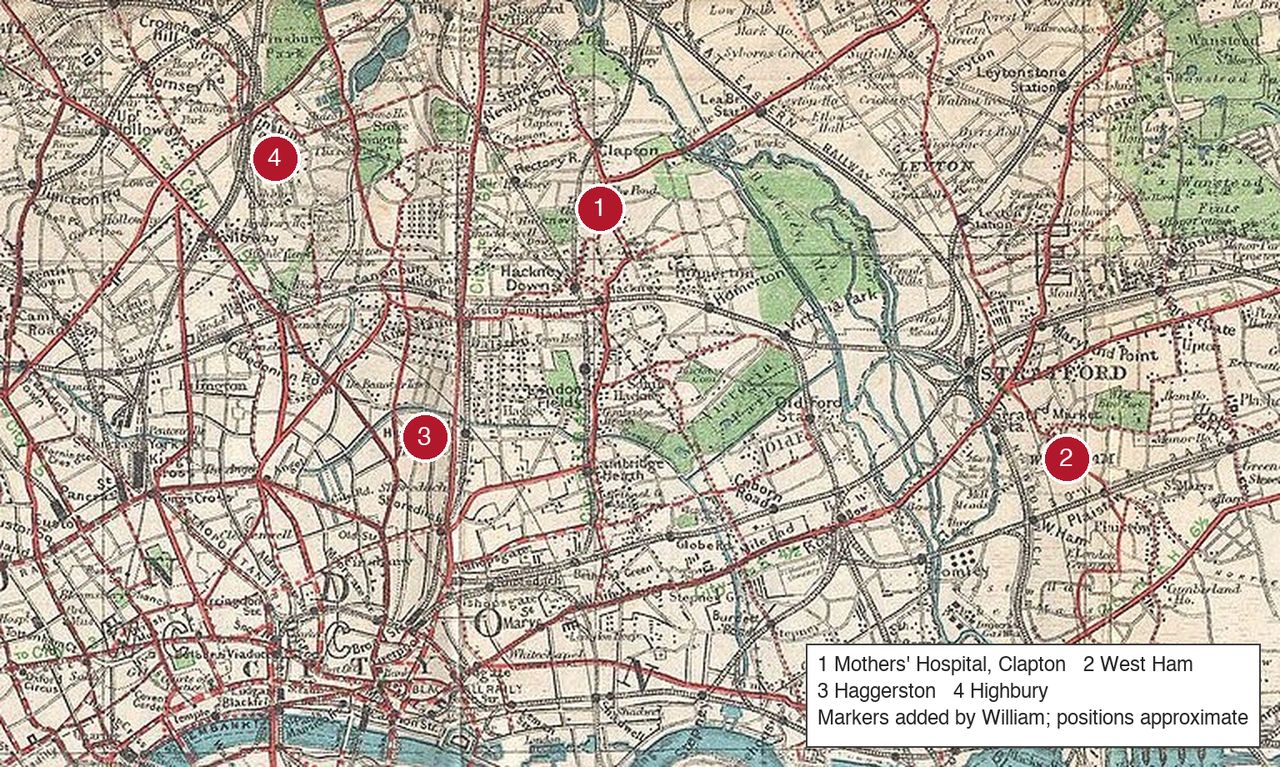 Four places on a 1920 map of London: the hospital in Clapton, West Ham, Haggerston and Highbury
